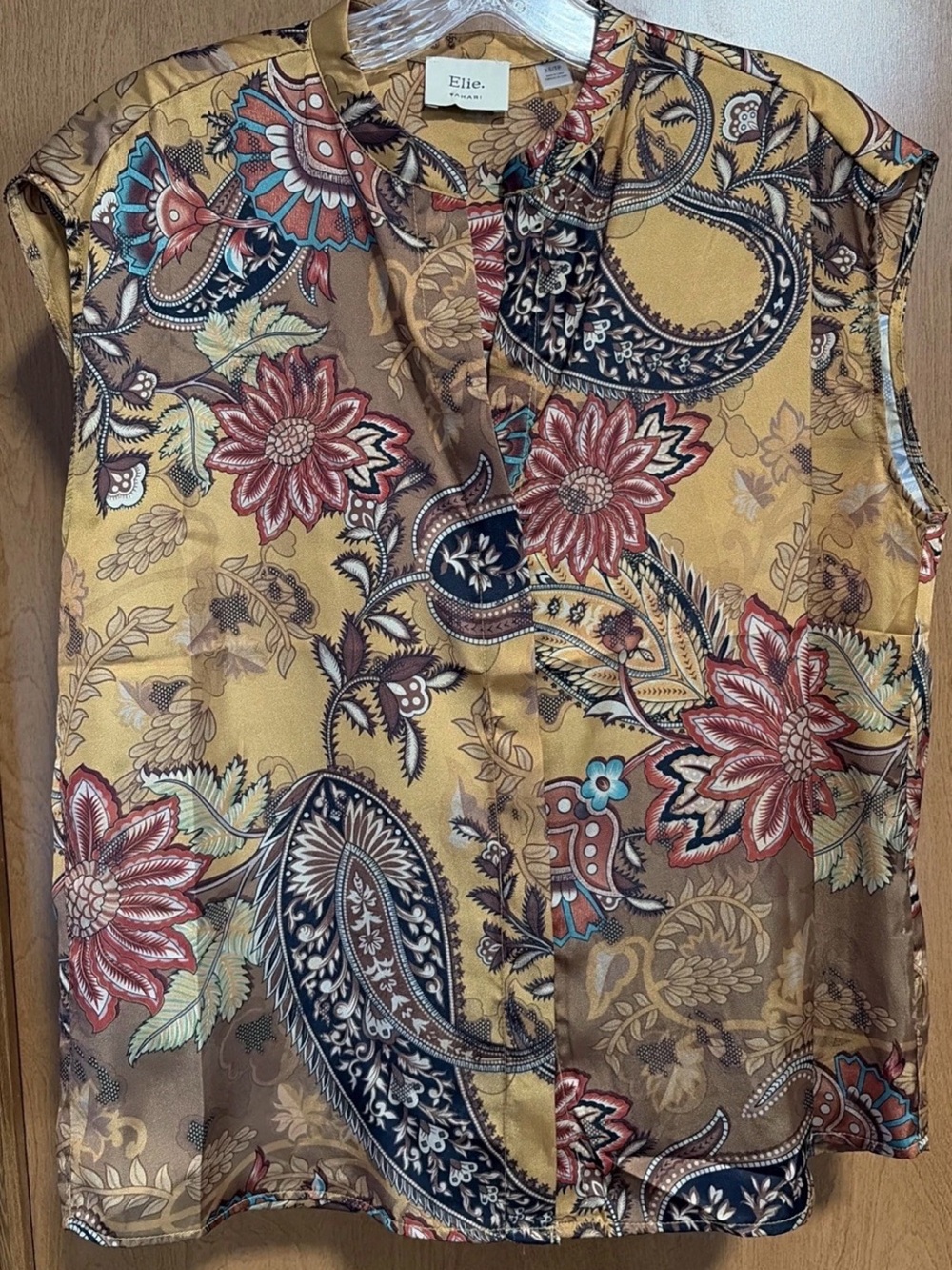 Elie Tahari Women XS Button Down Mustard Oriental Style Floral